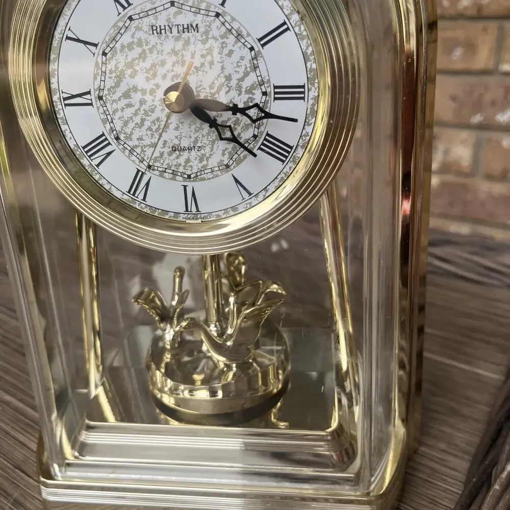 Rhythm Anniversary Mantel Clock Gold Rotating Pendulum Fully Working